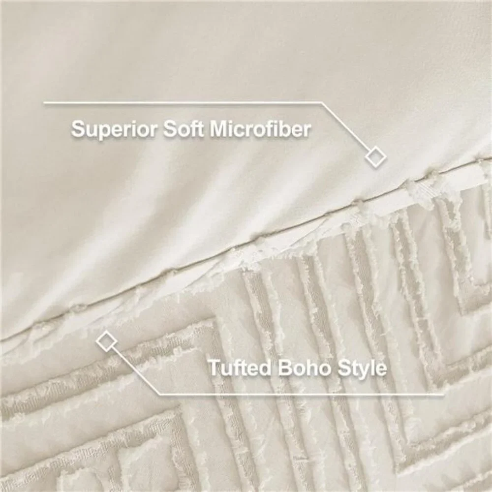 King Size Comforter Set Beige, 3 Pieces Cream Tufted Boho Farmhouse